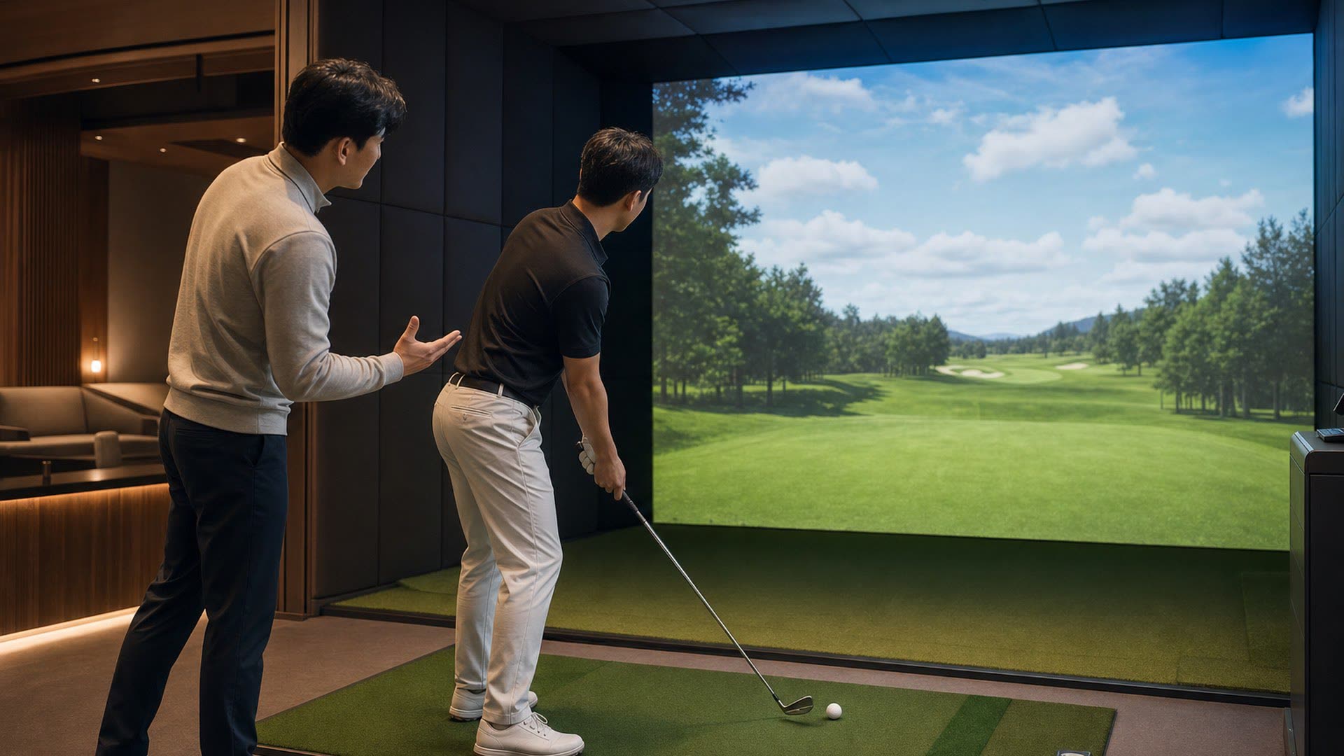 Entraîneur de golf avec un membre dans une cabine simulateur privée Or Blanc