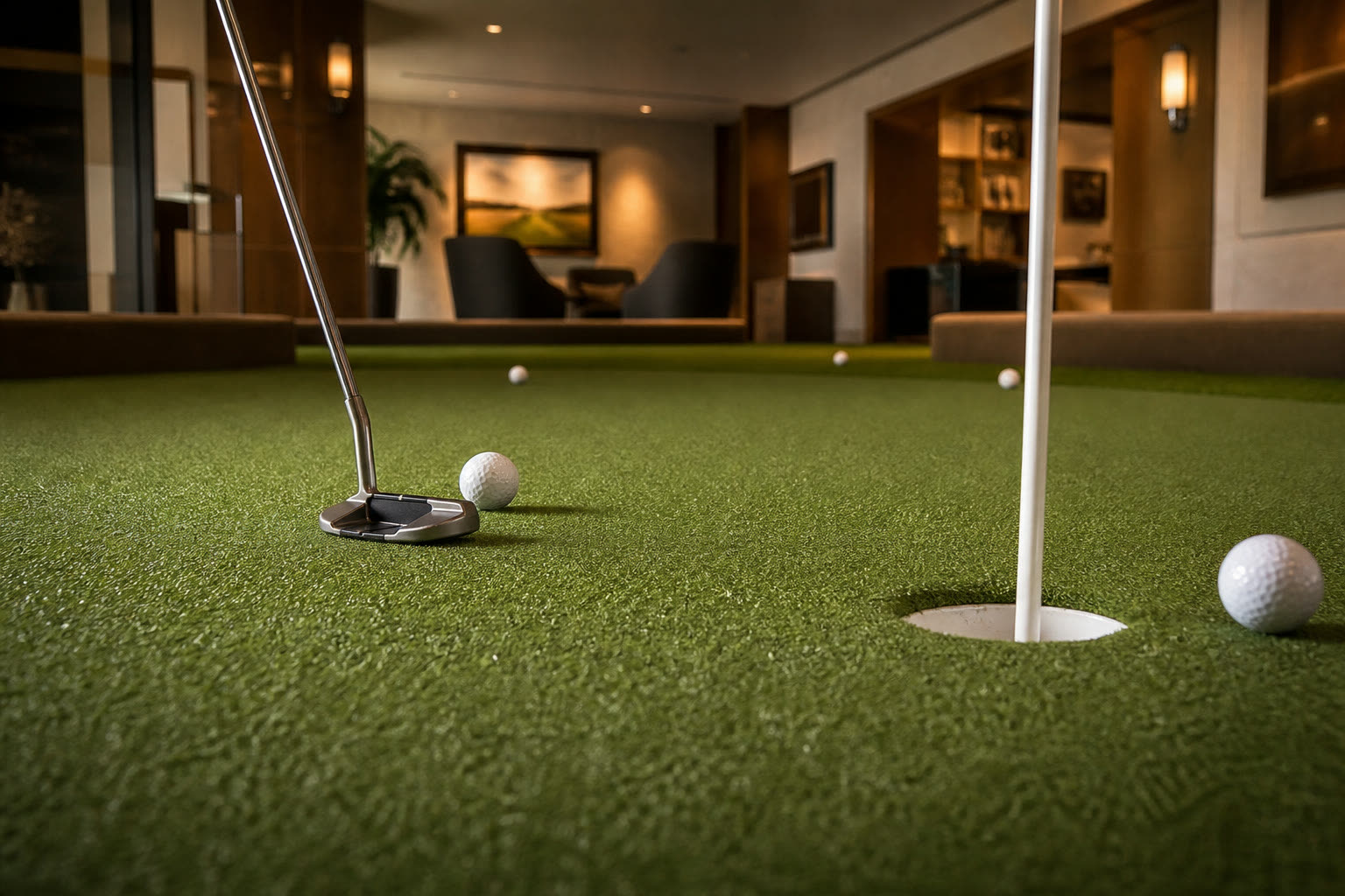 Green de putting intérieur au Club de Golf Or Blanc pour échauffement et pratique